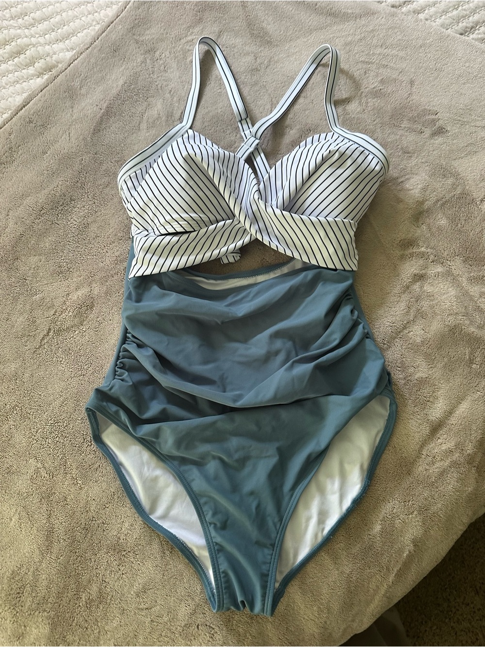 Striped Twist-Front Top Blue Ruched One-Piece Swimsuit